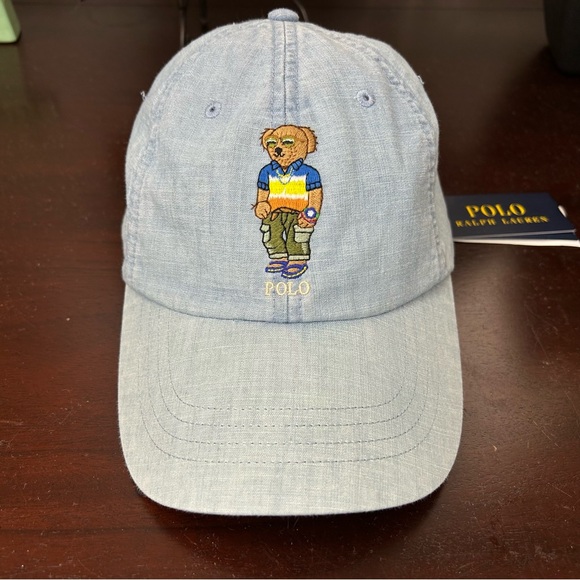 Ralph Lauren Polo Denim Blue Cap Hat with Bear Design Strapback